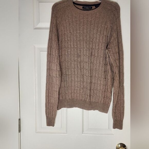 Impermeable L Tan Cable Knitted Lngslv MERINO WOOL SILK CASHMERE Men's Sweater - Picture 1 of 8